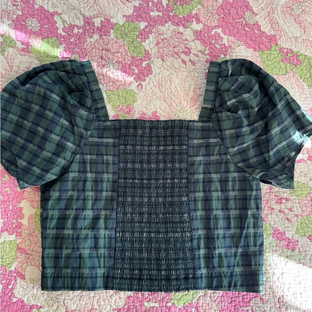 Madewell Hopewell Puff-Sleeve Crop Top Plaid Color Forest Gemma Top Size Small - Picture 3 of 4